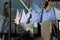 Old-fashioned laundry drying in wind on clotheslines. Walking in historical Dutch fisherman`s village in North-Holland, Enkhuizen