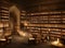 old-fashioned library room with books stacked on shelves and on desks illuminated by warm glowing lamps.