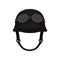 Old-fashioned motorcycle helmet with goggles. Protective headgear for biker. Black hard hat for motorcyclist. Flat