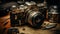 Old fashioned photographer focuses on antique camera for creative image revival generated by AI