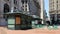 Old-fashioned retail kiosks at the Foley Square, in Lower Manhattan, New York, NY, USA