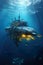 old fashioned retro submarine underwater, vintage or steampunk style sub marine in deep blue sea or ocean water