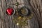 Old fashioned scale showing the advantage of love over money. Valentine`s day concept
