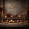 Old-fashioned table with candlesticks, pumpkins ready for feast. Thanksgiving for the harvest