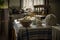 Old fashioned table set for tea with metal kettle and fire in the range