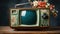 An old fashioned television sitting on top of a wooden table. Generative AI image.