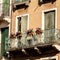 Old fashioned traditional balcony with flowers in Venice, Italy