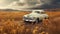 Old fashioned vintage car drives through the rural meadow under blue sky generated by AI