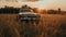 Old fashioned vintage car driving through rural meadow at sunset generated by AI