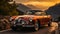 Old fashioned vintage car driving through the scenic mountain landscape at sunset generated by AI