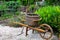 An old-fashioned wheelbarrow with a wicker basket stands in a green cottage garden