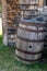 Old fashioned whiskey barrel sitting outside of an abandoned building. Taken in Bannack Ghost Town Montana