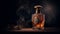Old fashioned whiskey bottle on burning wood table, smoke rising elegantly generated by AI
