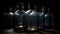 Old fashioned whiskey bottle on wood table, glass and reflection generated by AI