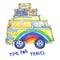 Old-fashioned yellow hippie Ñamper bus with suitcases, painted in rainbow colors with clouds and flowers.