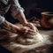 old female hands knead the dough for baking bread. Generative AI