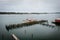 Old ferry boat moored at Empire Dock in Coos Bay, Oregon, aerial