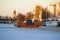 Old ferry `Fiori` on the river Aura in the February twilight, Turku. Finland