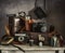 Old film cameras, photographic film, leather cases for photographic equipment. Old photographic equipment.