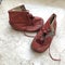 Old first children`s red leather old boots 1961