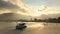 Old fishing boat at the beach in sunset