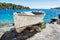 Old fishing boat with cracked white paint, Solta island, Croatia