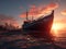 Old fishing boat sailing on the sea at sunset