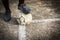 Old Football On Concrete Field