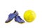 Old football shoes damaged and old dirty yellow futsal ball on white background football object isolated