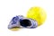 Old football shoes damaged and old dirty yellow futsal ball on white background football object isolated