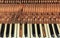 An old and forgotten piano in a city park. The view of the broken keyboard