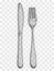 Old fork and knife hand drawing. Cutlery on a transparent background