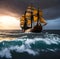 Old galleon on the sea during a violent storm. Generative AI