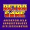 Old game alphabet font. Colorful pixel gradient letters and numbers.