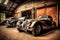 an old garage with a collection of vintage cars, each one in pristine condition and ready to be driven.