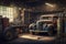 an old garage filled with vintage cars, tools, and spare parts.