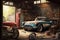 an old garage filled with vintage vehicles, from a classic corvette to an old british motorcycle.