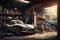 an old garage filled with vintage vehicles, from a classic corvette to an old british motorcycle.