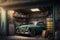 an old garage with a vintage car still parked inside, surrounded by old toolboxes and other automotive paraphernalia.