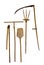 Old garden tools shovel pitchfork rake scythe on white background.