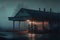 Old gas station in a foggy night. 3D rendering.