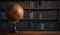 Old geographic globe in the cabinet against the background of bookselfs.Science, education, travel, vintage background. History