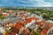 Old German town of Lubeck on river Trave. Panorama of small town. Medieval Gothic extensive Brick Gothic