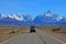 Old german vintage campervan traveling on the road from Los Glaciares National Park, Argentina