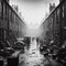 Old grainy black and white photograph of a back street in 1960s Britain