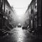 Old grainy black and white photograph of a back street in 1960s Britain