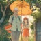 An old grandfather and a cute little girl holding umbrella generative AI