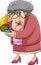 Old Grandma Cartoon Character Talking On Cell Phone With Hearing Trumpet