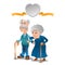 Old grandma and grandpa stand together arm in arm. Couple with big speech bubble in heart form above them