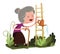 Old granny watering garden illustration cartoon character